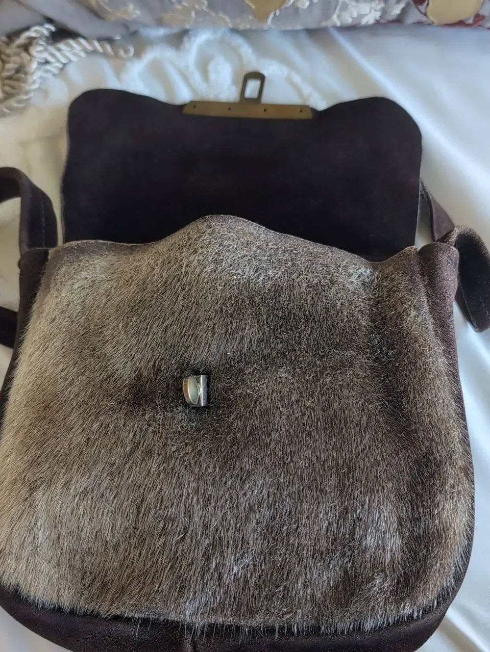 60's Vintage Brown Suede- Hair On Hide Brass Turn Lock Hip Crossbody Bag